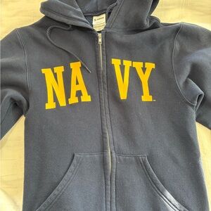 Navy blue and yellow vintage 90s U.S. Navy zip up hoodie with logo.